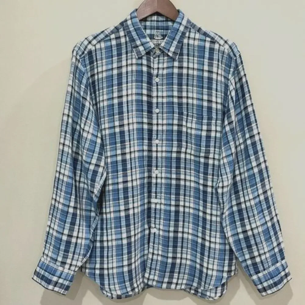 J. Crew Irish Linen Shirt Blue Plaid Baird McNutt Sz Lg Woven Button Down